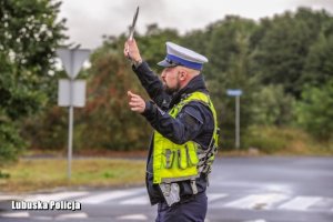 policjant z ruchu drogowego stoi na drodze