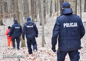 umundurowani policjanci idą przez las